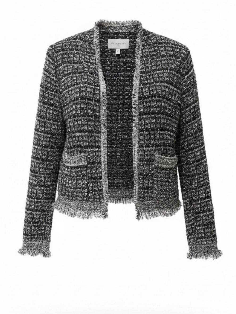 Sioni Women’s Large Black White Bouclé Open Front Cardigan Fringe Trim Jacket